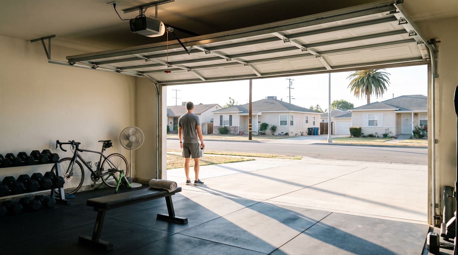 Looking out from a garage set up as a home gym, the door raised overhead and a man standing at the threshold in the morning sun