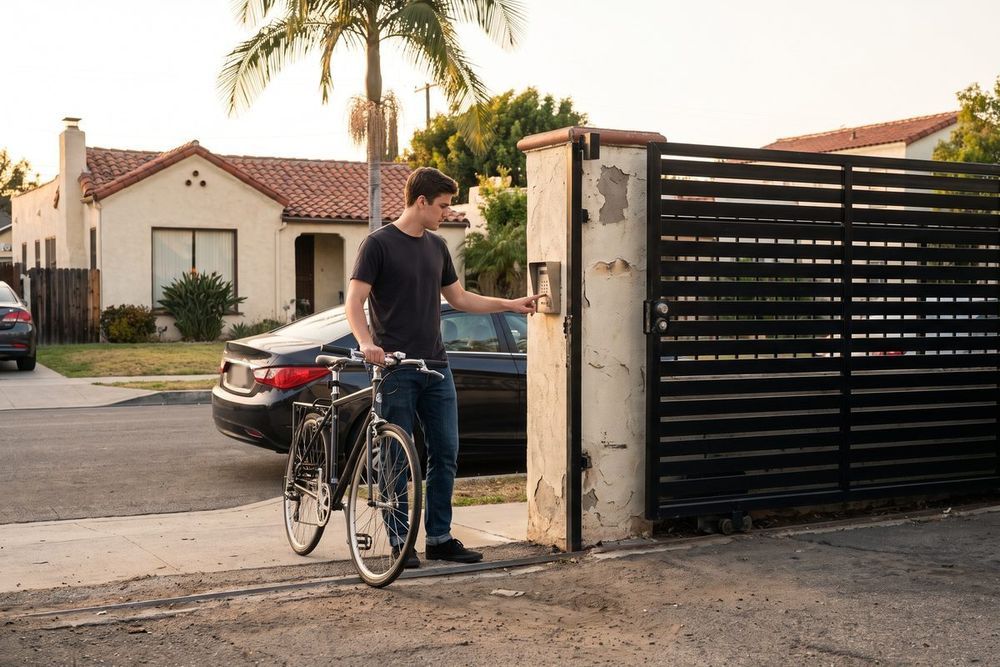 A young man with a bicycle presses the keypad at a black slatted driveway gate beside a Spanish style house