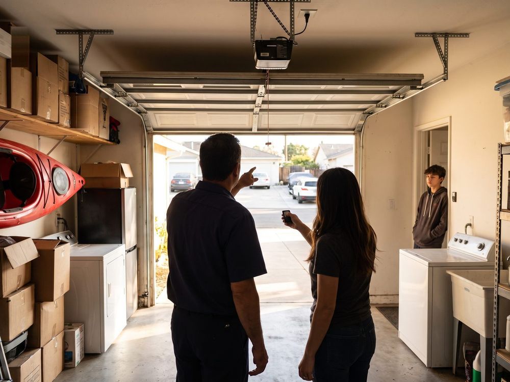 Inside an open garage, a woman holds a remote up toward the opener while a technician points at the top of the door