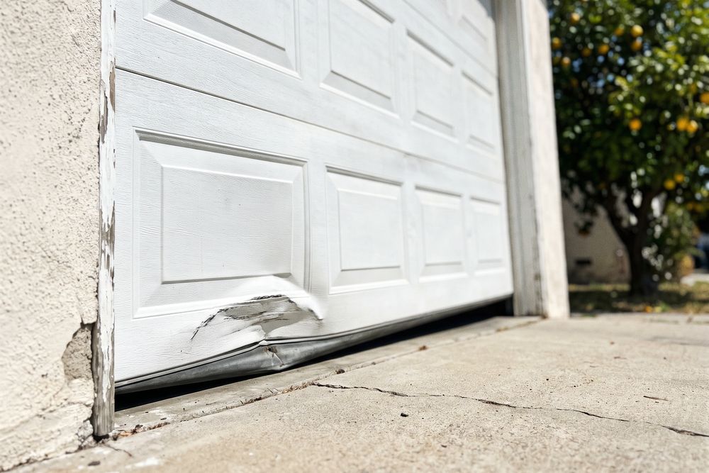 Close to the driveway, the bottom section of a white garage door creased inward where a bumper hit it