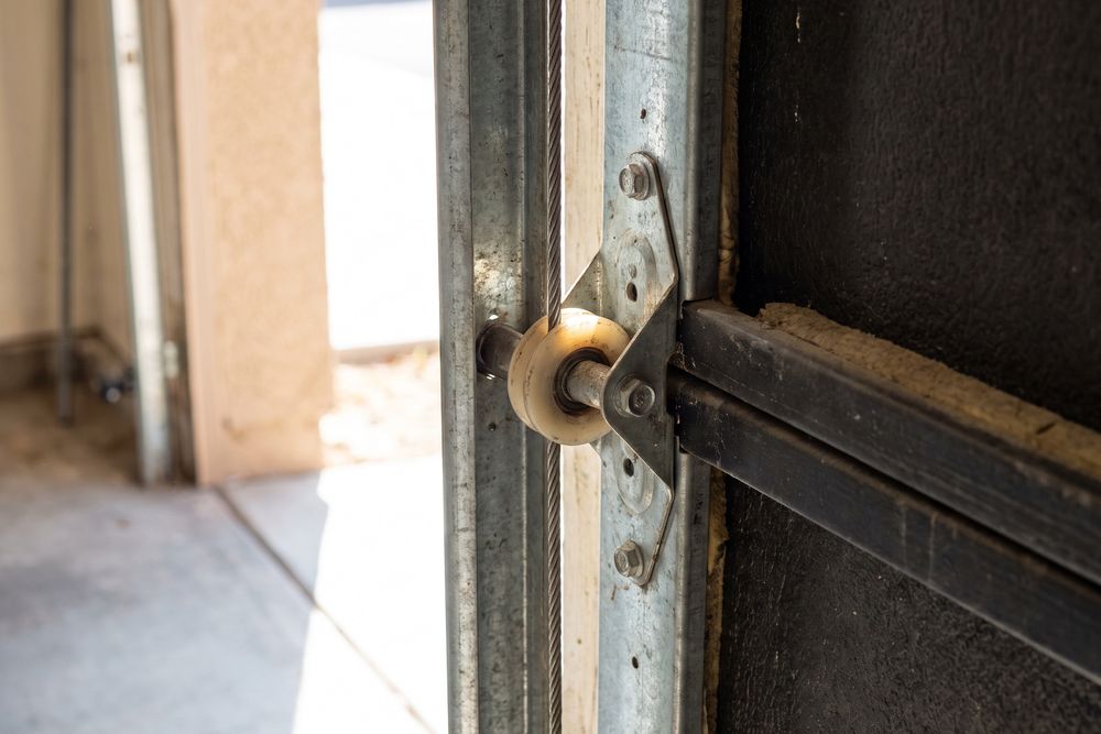 A worn roller in its hinge bracket sitting in the vertical track of a garage door